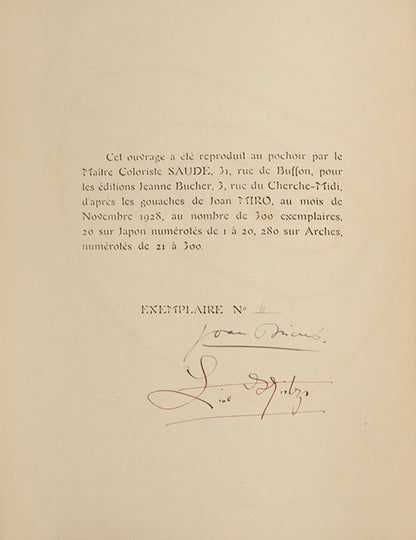 Miro's first artist's book, one of 20 copies on Japon with an extra suite in black, in a fine binding by 