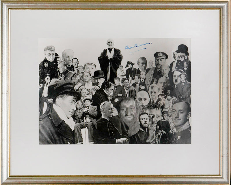 A black & white photomontage portrait of many of the characters played by Sir Alec Guinness during his long career.