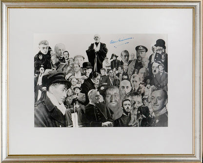 A black & white photomontage portrait of many of the characters played by Sir Alec Guinness during his long career.