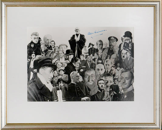 A black & white photomontage portrait of many of the characters played by Sir Alec Guinness during his long career.