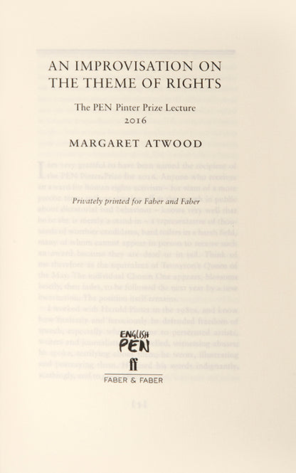 First edition of An Improvisation on the Theme of Rights by Margaret Atwood, one of 450 copies printed for private circulation.