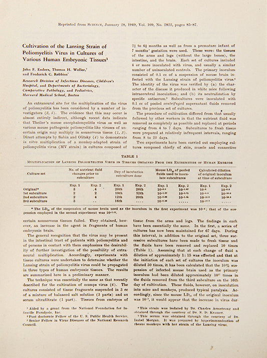The rare offprint of John Enders' 'Cultivation of the Lansing Strain of Poliomyelitis', the 1949 paper announcing the cultivation of polio virus, the breakthrough that made modern vaccines possible.