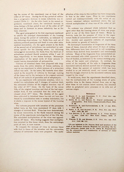 The rare offprint of John Enders' 'Cultivation of the Lansing Strain of Poliomyelitis', the 1949 paper announcing the cultivation of polio virus, the breakthrough that made modern vaccines possible.