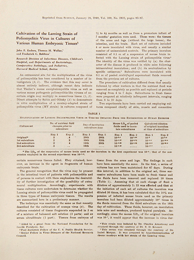 The rare offprint of John Enders' 'Cultivation of the Lansing Strain of Poliomyelitis', the 1949 paper announcing the cultivation of polio virus, the breakthrough that made modern vaccines possible.