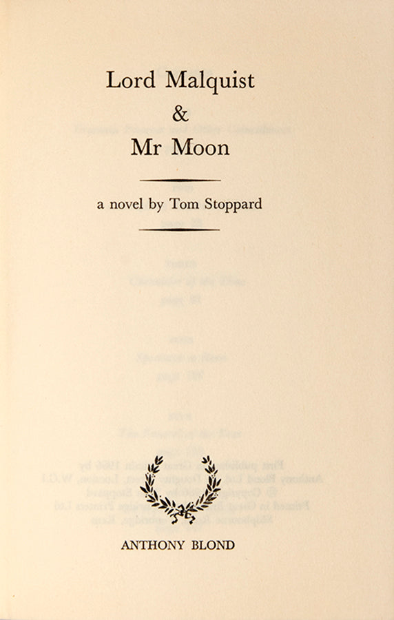 First edition of Lord Malquist & Mr Moon by Tom Stoppard, the author's first and only novel.