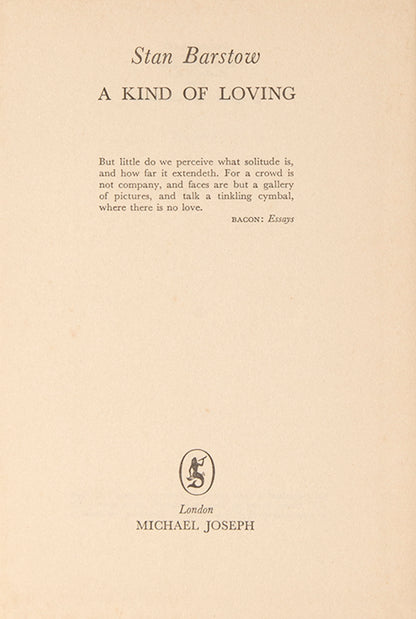 First edition of A Kind of Loving by Stan Barstow, the author's first book.
