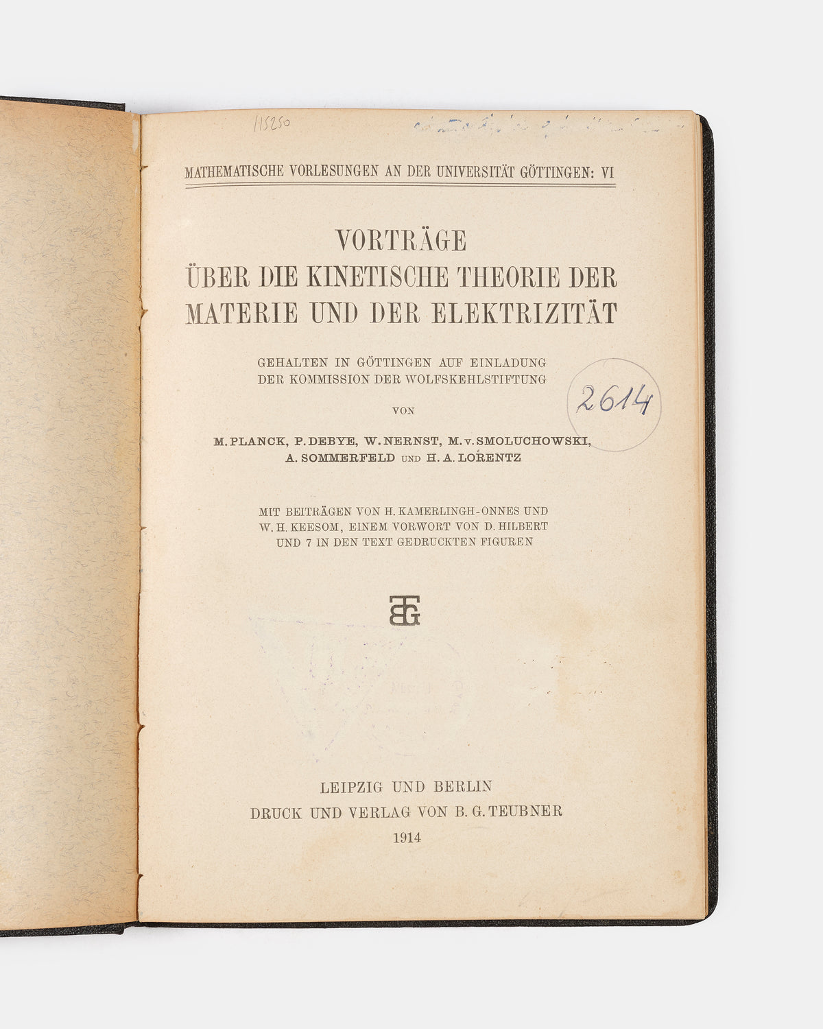 First edition of this collection of lectures on the Kinetic Theory of Matter and Electricity by Max Planck, Arnold Sommerfeld, Hendrik Lorentz, and others.