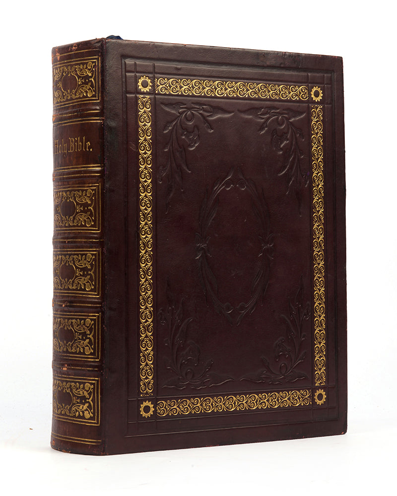 Illustrated Bible, with commentaries of Scott and Henry, edited by Red. John Eadie, bound in full leather with gilt tooled decoration and lettering to spine