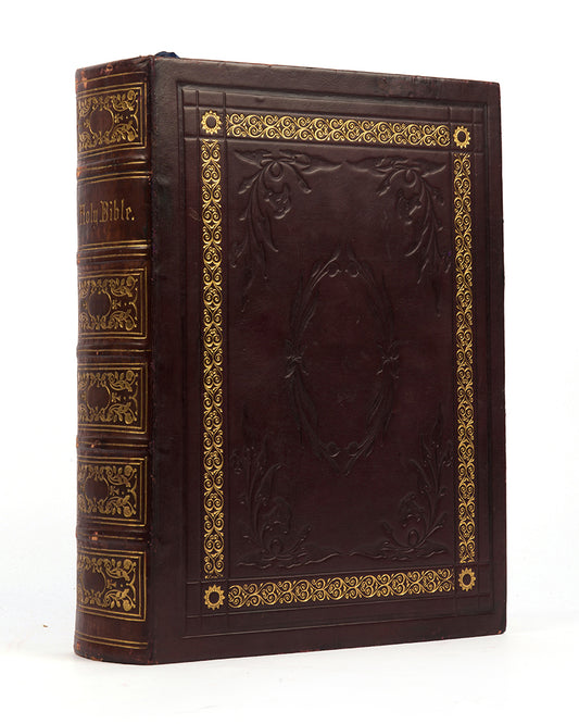 Illustrated Bible, with commentaries of Scott and Henry, edited by Red. John Eadie, bound in full leather with gilt tooled decoration and lettering to spine