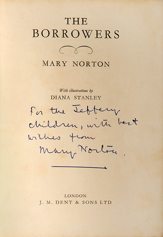 First edition of The Borrowers by Mary Norton, inscribed by the author.