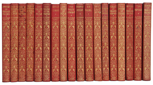 A handsome thin paper edition of Sir Arthur Conan Doyle's prose works in a deluxe red calf binding