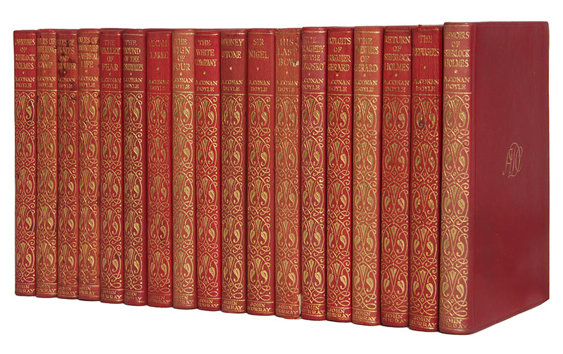 A handsome thin paper edition of Sir Arthur Conan Doyle's prose works in a deluxe red calf binding