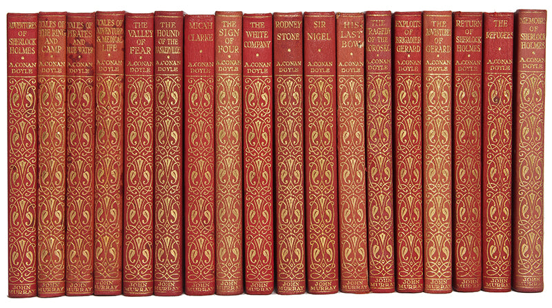 A handsome thin paper edition of Sir Arthur Conan Doyle's prose works in a deluxe red calf binding