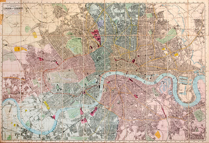 The 1879 issue of Reynolds's New Map of London and Its Suburbs, extending west to east from Hammersmith to River Lea and north to south from Holloway to Brixton.