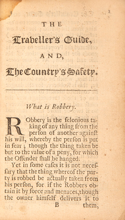 The first edition of this scarce legal guide offering advice to weary travellers on the roads of Stuart England