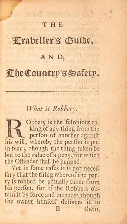 The first edition of this scarce legal guide offering advice to weary travellers on the roads of Stuart England