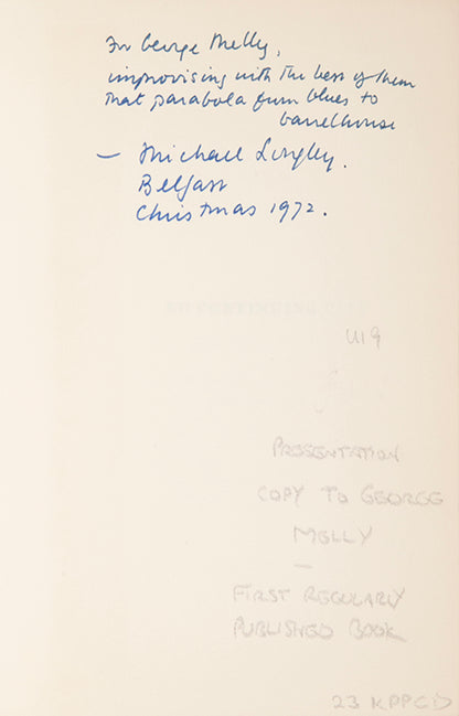 First edition of No Continuing City by Michael Longley, inscribed by the author to George Melly.
