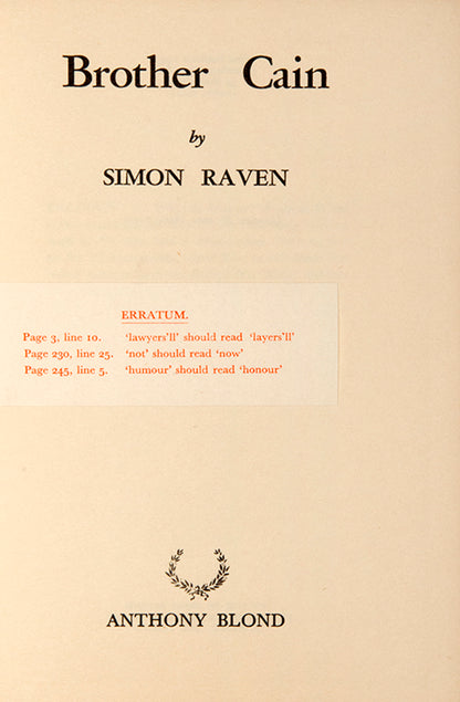 First edition of Brother Cain by Simon Raven, the author's second novel.