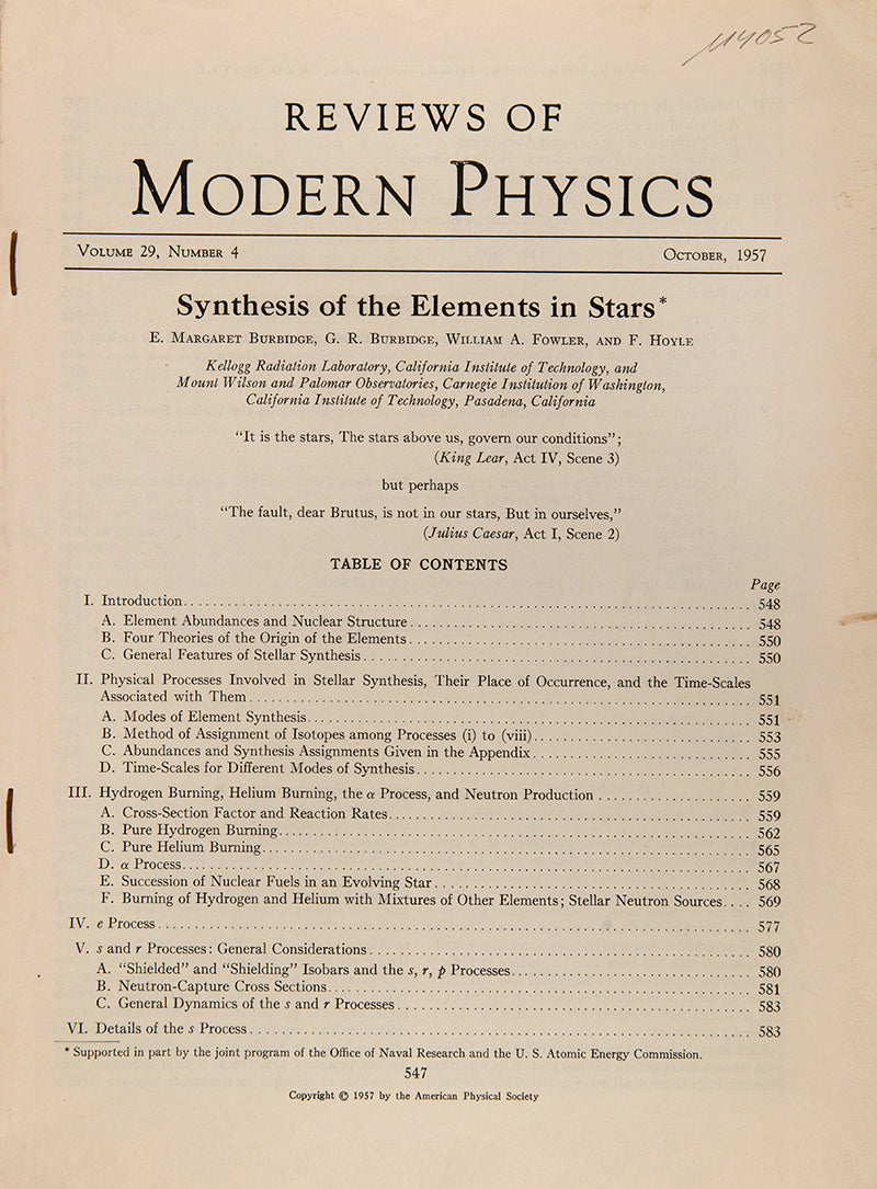 Synthesis of Elements in Stars.