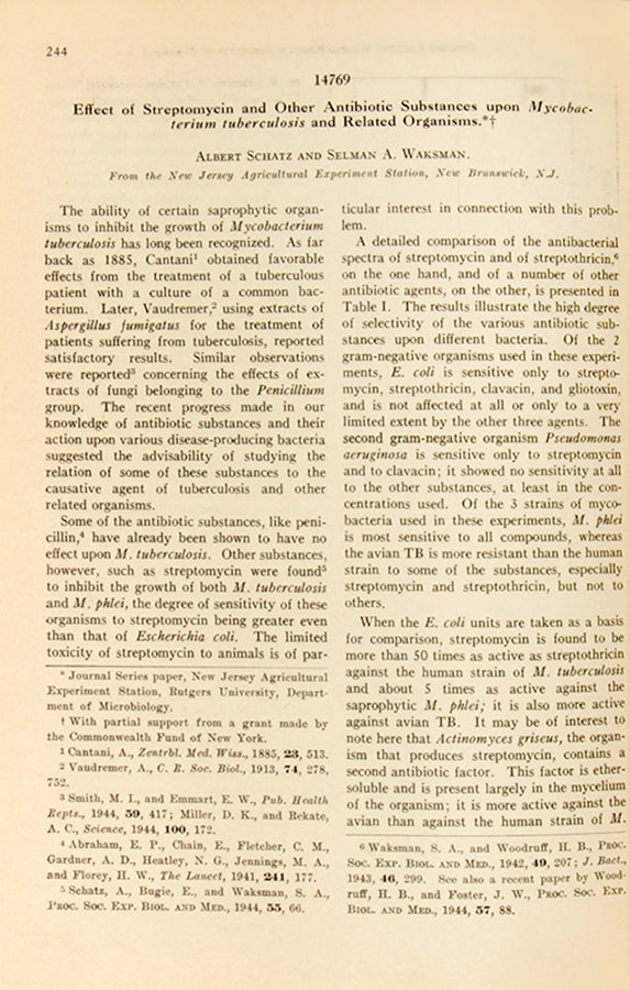 The rare first edition of Effect of Streptomycin and Other Antibiotic Substances, the paper announcing a potential cure for tuberculosis by Albert Schatz and Selamn Waksman.