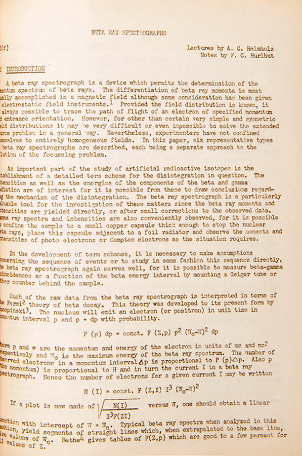 Rare set of mimeographed lecture notes from an experimental physics course connected with Berkeley's Radiation Laboratory, with chapters by three Nobel Prize winners, 1950.