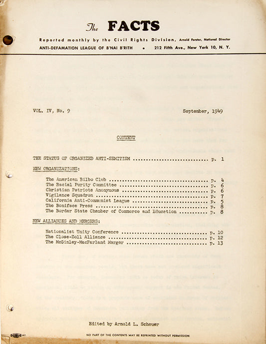 Scarce copy of the Facts - an ADL mid-century Newsletter. 