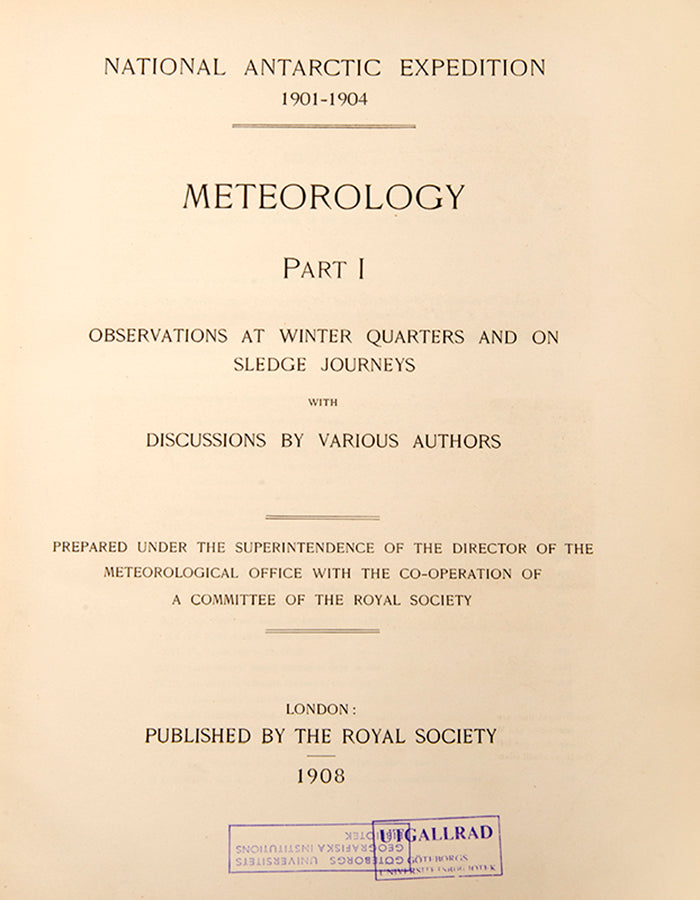 This copy of Magnetic Observations has an important provenance as Nordenskjölds was on the Swedish Scientific expedition to the Antarctic, 1901-1903 and would have had a particular interest in the results of the Discovery expedition.