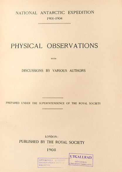 Physical Observations is notable for the series of eight lithographs of aurora observations including seven of aurora effects on thick brown paper