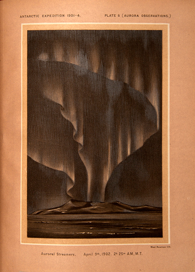 Physical Observations is notable for the series of eight lithographs of aurora observations including seven of aurora effects on thick brown paper