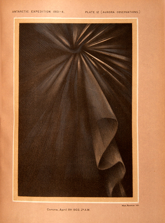 Physical Observations is notable for the series of eight lithographs of aurora observations including seven of aurora effects on thick brown paper