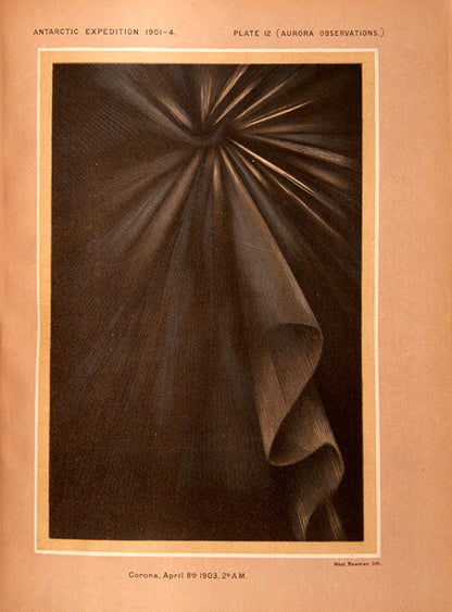 Physical Observations is notable for the series of eight lithographs of aurora observations including seven of aurora effects on thick brown paper