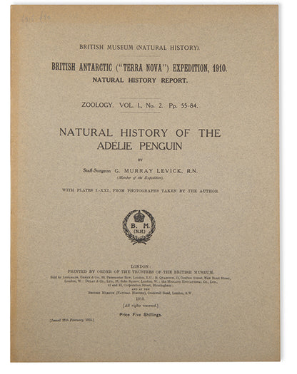 The first monograph on the Adelie penguin, by zoologist G. Murray Levick, a member of Robert Falcon Scott's 'Terra Nova' expedition.