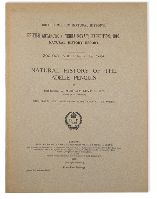 The first monograph on the Adelie penguin, by zoologist G. Murray Levick, a member of Robert Falcon Scott's 'Terra Nova' expedition.