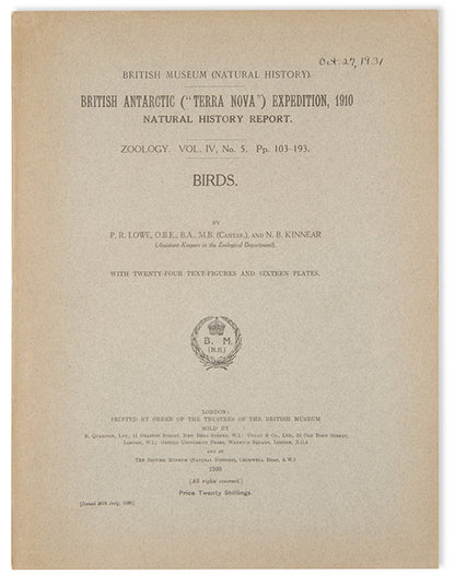 A rare publication authored by esteemed ornithologists Percy Lowe and Norman Kinnear, who compiled their own research with the observations and illustrations of the late Edward Wilson, who died with Captain Scott on their ill-fated return from the Antarctic.