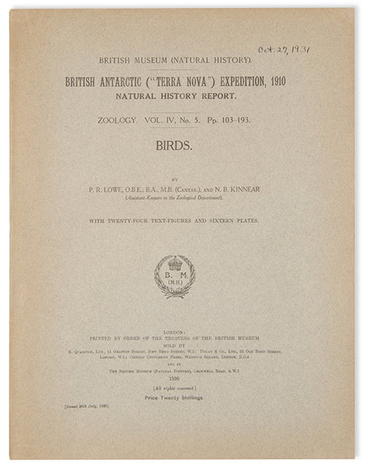 A rare publication authored by esteemed ornithologists Percy Lowe and Norman Kinnear, who compiled their own research with the observations and illustrations of the late Edward Wilson, who died with Captain Scott on their ill-fated return from the Antarctic.