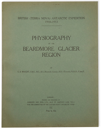 First edition of this scarce scientific report detailing the geological and glaciological observations of the Beardmore Glacier region, collected during the 'Terra Nova' expedition. Particularly notable for its inclusion of numerous photographs and sketches by Edward Wilson, as well as a fold-out map tracing the journey to the South Pole.