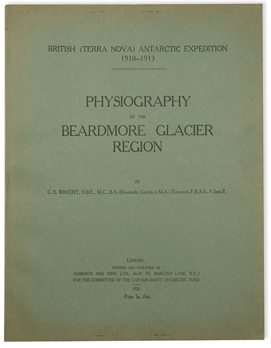 First edition of this scarce scientific report detailing the geological and glaciological observations of the Beardmore Glacier region, collected during the 'Terra Nova' expedition. Particularly notable for its inclusion of numerous photographs and sketches by Edward Wilson, as well as a fold-out map tracing the journey to the South Pole.