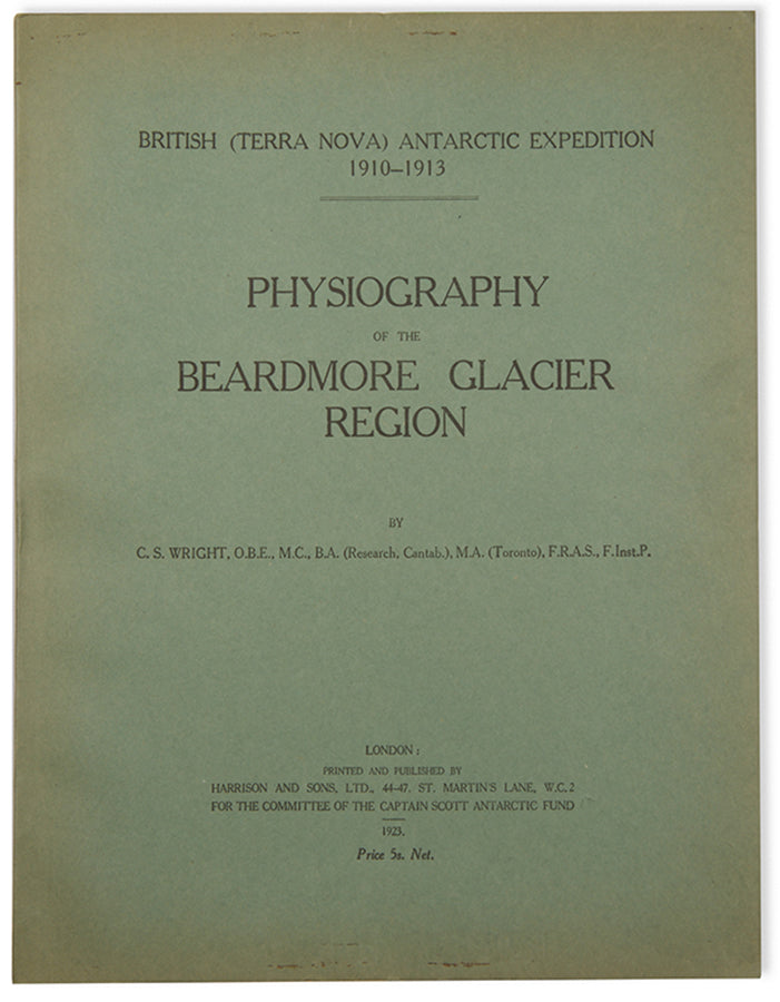 First edition of this scarce scientific report detailing the geological and glaciological observations of the Beardmore Glacier region, collected during the 'Terra Nova' expedition. Particularly notable for its inclusion of numerous photographs and sketches by Edward Wilson, as well as a fold-out map tracing the journey to the South Pole.