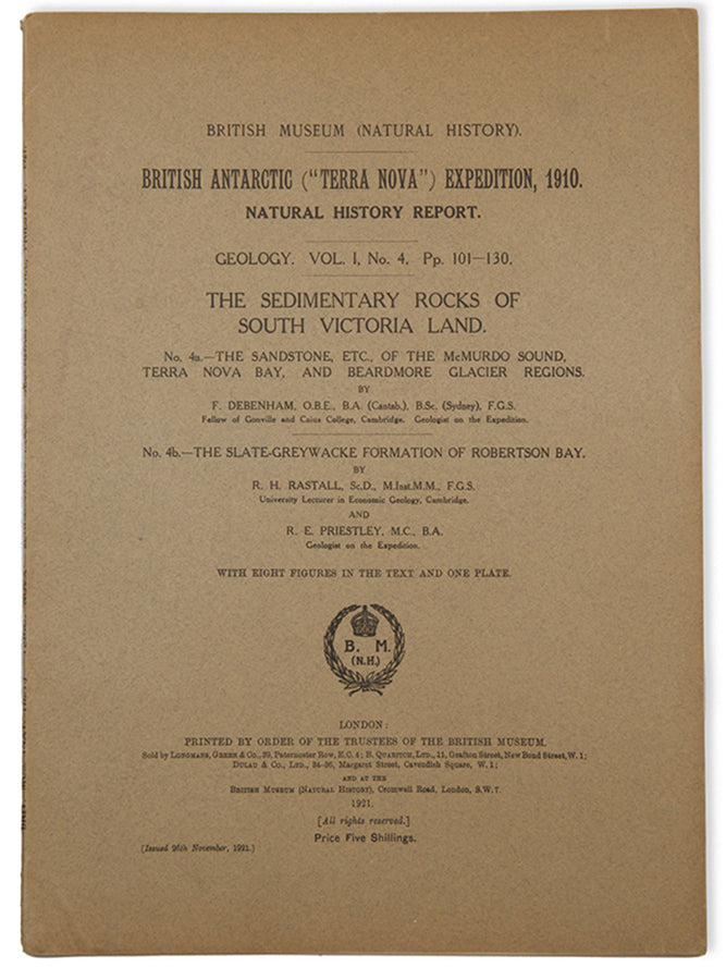 Geological report from the 'Terra Nova' expedition detailing the sedimentary rock formations of South Victoria Land, with maps, diagrams, and photographs.