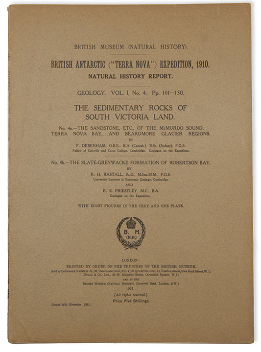 Geological report from the 'Terra Nova' expedition detailing the sedimentary rock formations of South Victoria Land, with maps, diagrams, and photographs.