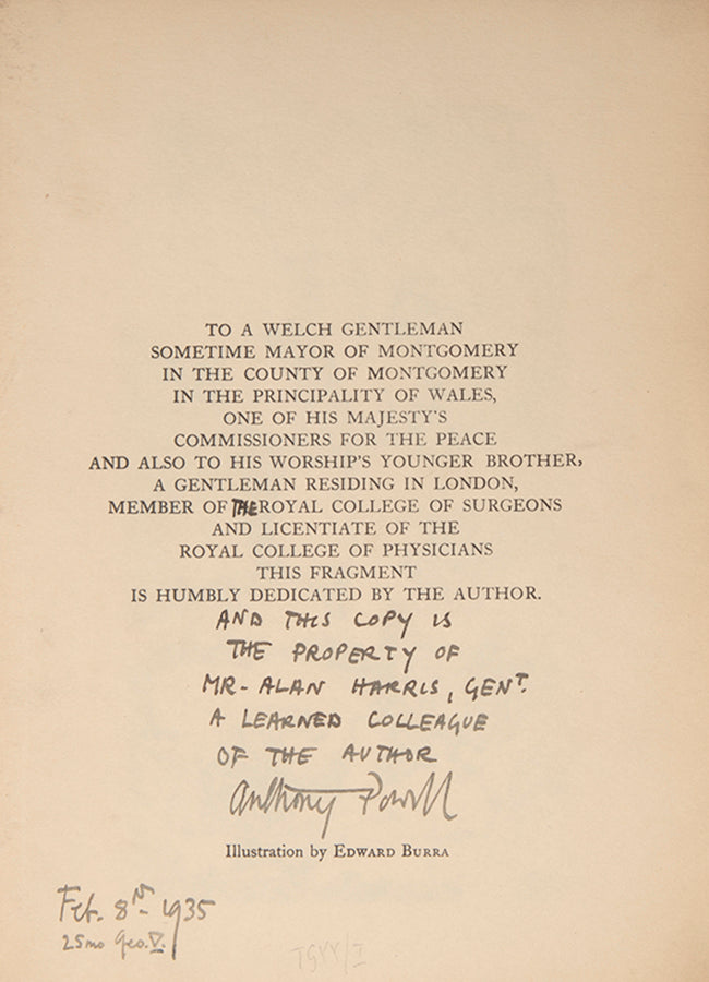 First edition of Caledonia by Anthony Powell, one of 100 copies, inscribed by the author to Alan Harris.