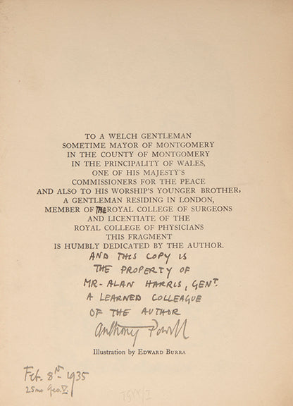 First edition of Caledonia by Anthony Powell, one of 100 copies, inscribed by the author to Alan Harris.