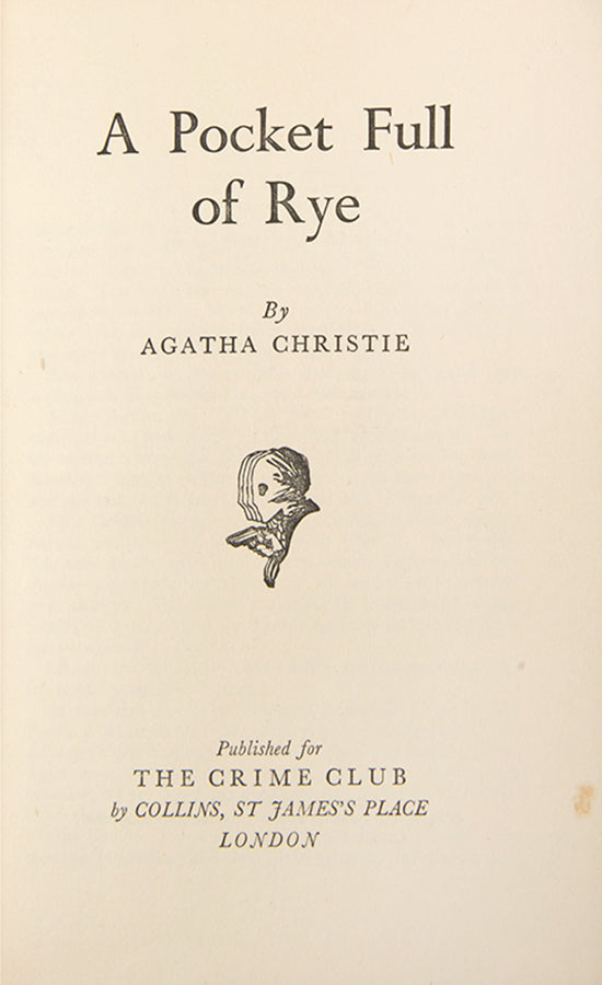 First edition of A Pocket Full of Rye by Agatha Christie, marking the sixth appearance of Miss Marple in novel form