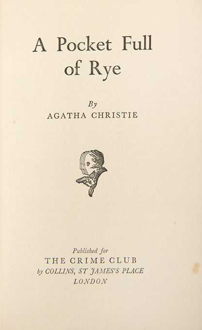 First edition of A Pocket Full of Rye by Agatha Christie, marking the sixth appearance of Miss Marple in novel form