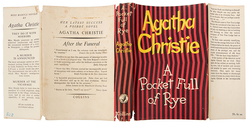 First edition of A Pocket Full of Rye by Agatha Christie, marking the sixth appearance of Miss Marple in novel form