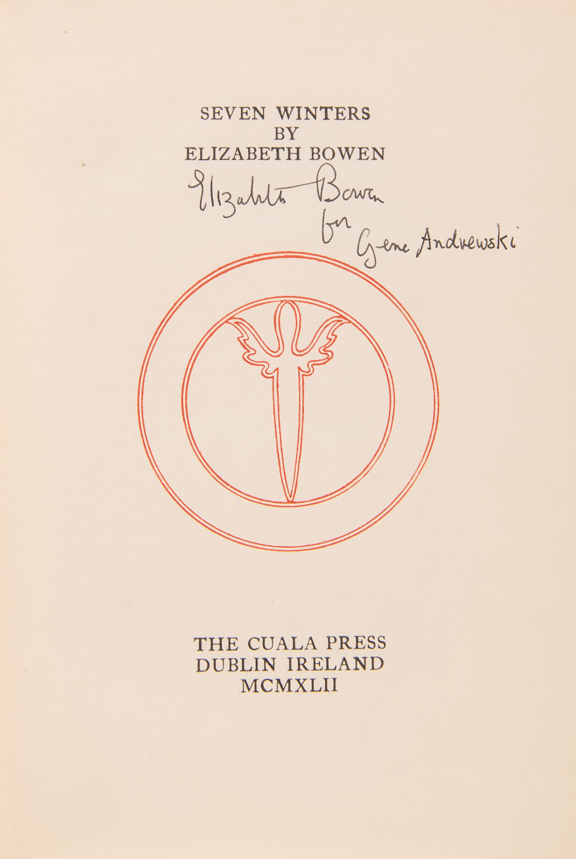 First edition of Seven Winters by Elizabeth Bowen, one of 450 copies, inscribed by the author.