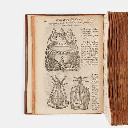 The enlarged third edition of physician John French's work on the distillation of pharmaceuticals, The Art of Distillation, with numerous woodcut illustrations, 1664.