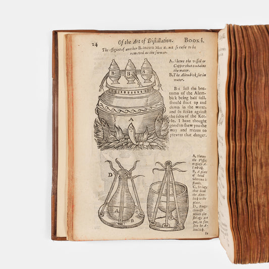 The enlarged third edition of physician John French's work on the distillation of pharmaceuticals, The Art of Distillation, with numerous woodcut illustrations, 1664.