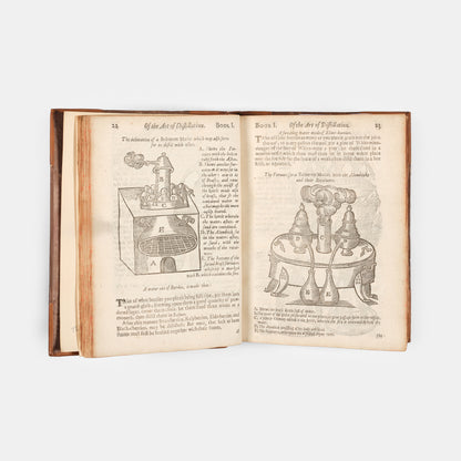 The enlarged third edition of physician John French's work on the distillation of pharmaceuticals, The Art of Distillation, with numerous woodcut illustrations, 1664.