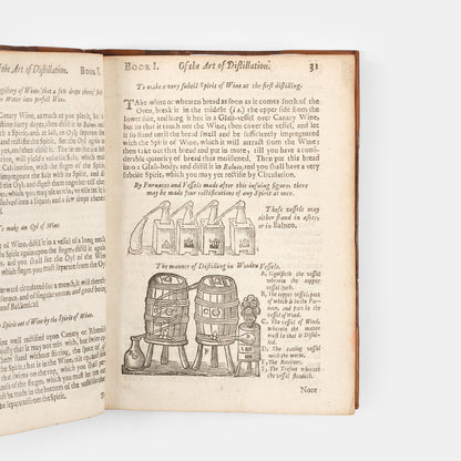 The enlarged third edition of physician John French's work on the distillation of pharmaceuticals, The Art of Distillation, with numerous woodcut illustrations, 1664.